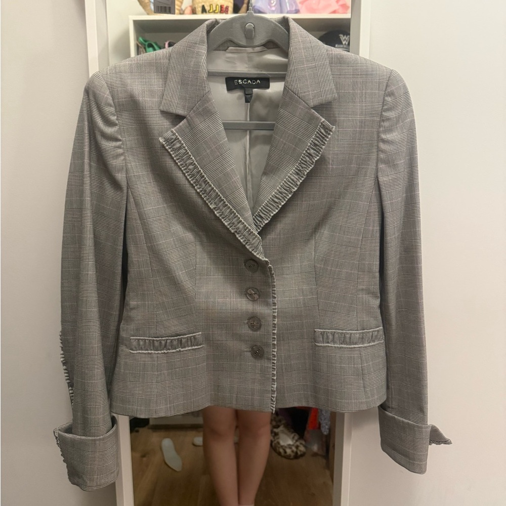 Escada Gray Plaid Ruffled Trim Tailored Blazer